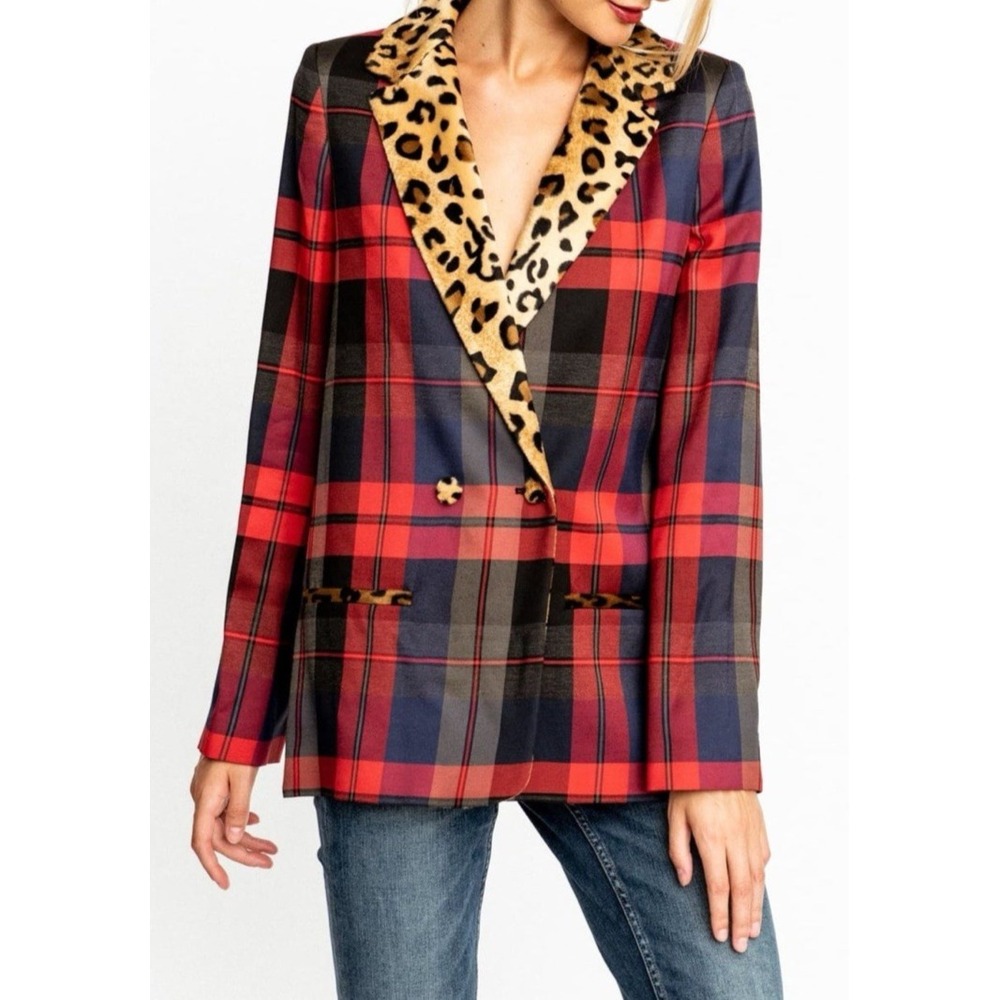 NEW Valentina Shah Royal Plaid Clair Blazer Faux Fur Leopard 6 Limited Edition
